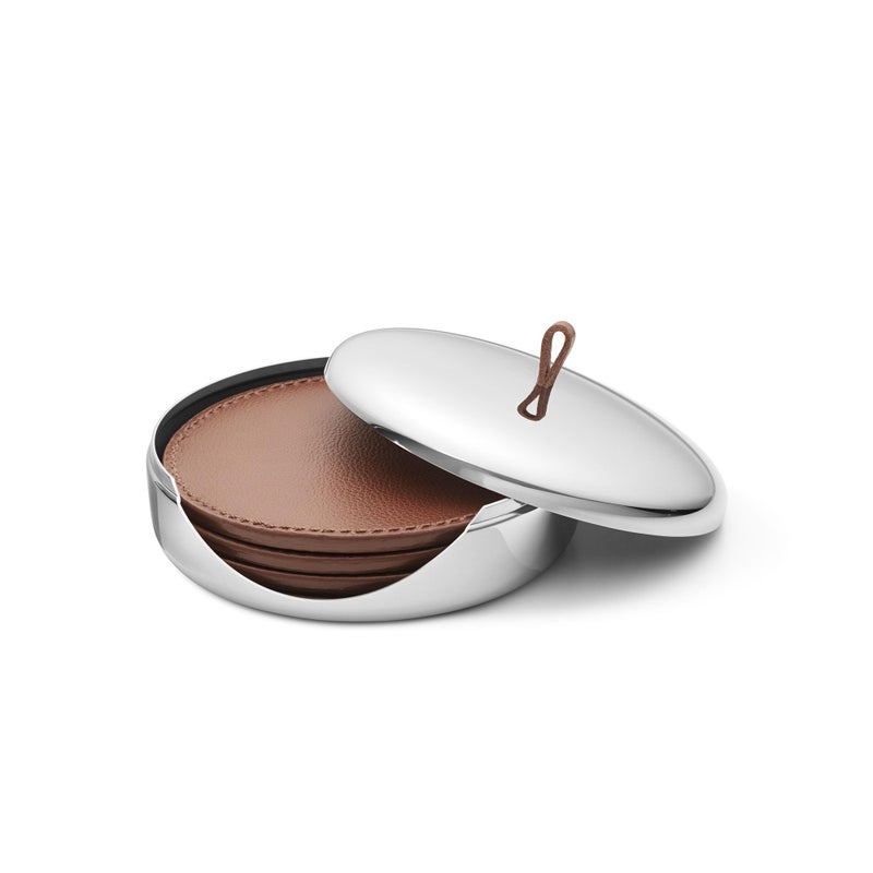 Georg Jensen SKY Collection Coaster Set, Set of 4 Leather Coasters in Stainless Steel Case - Image 1
